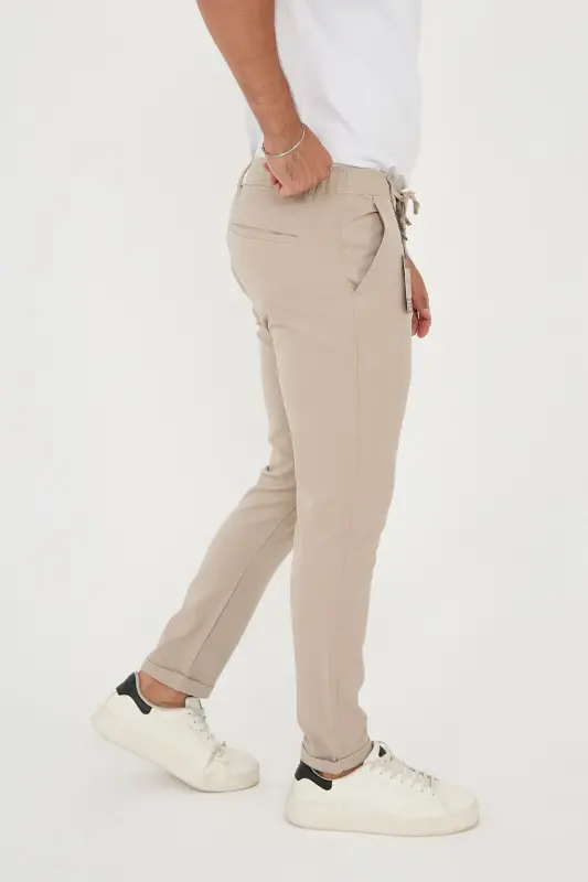 Erkak Jogger Slimfit Bel Yarim Rezinka Duble Poça Bej Mato Pantolon-Bej - 4