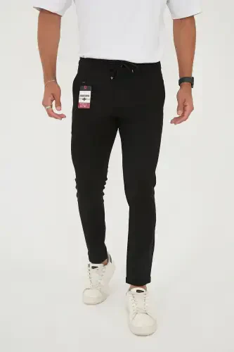 Erkak Jogger Slimfit Bel Yarim Rezinkali Duble Pochali Qora Mato Shim - Qora - 3