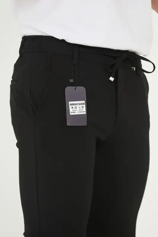 Erkak Jogger Slimfit Bel Yarim Rezinkali Duble Pochali Qora Mato Shim - Qora - 7