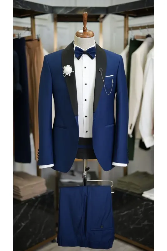 Erkak Kamarli Saks Moviy Smoking Kuyovlik Saten Roʻmol Yoqali Italyan Kesimi Slim Fit -xprzcom3590-22-SAKS MOVİY - 1