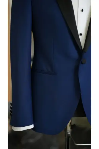 Erkak Kamarli Saks Moviy Smoking Kuyovlik Saten Roʻmol Yoqali Italyan Kesimi Slim Fit -xprzcom3590-22-SAKS MOVİY - 7