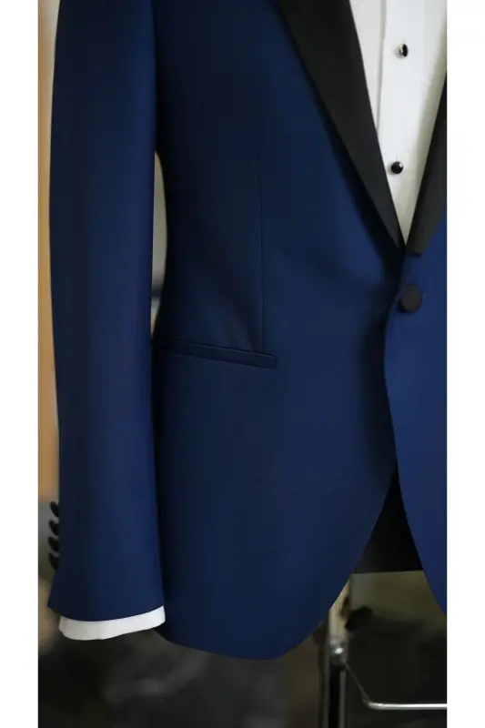 Erkak Kamarli Saks Moviy Smoking Kuyovlik Saten Roʻmol Yoqali Italyan Kesimi Slim Fit -xprzcom3590-22-SAKS MOVİY - 7