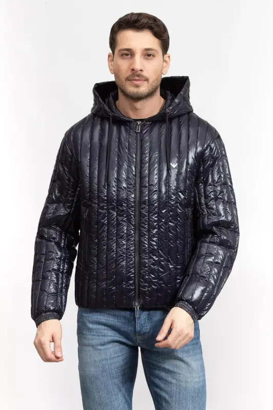 Erkak Kapşonli Yaka Markali Fermuarli Shishgan To'q ko'k palto 6R1B79 1NKZZ-0920-To'q ko'k - 1