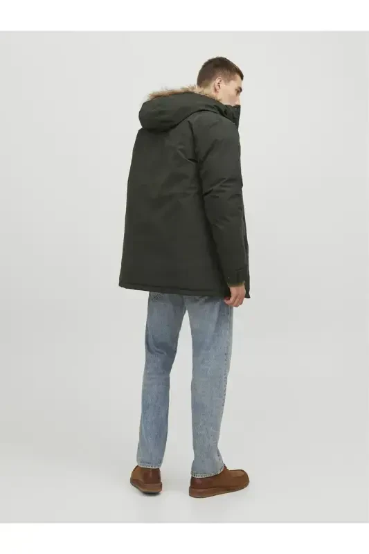 Erkak Kapüşonli Uzun Palto Haki Parka 12236096-Rosin - 3