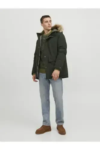 Erkak Kapüşonli Uzun Palto Haki Parka 12236096-Rosin - 4