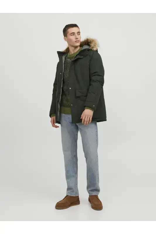 Erkak Kapüşonli Uzun Palto Haki Parka 12236096-Rosin - 4