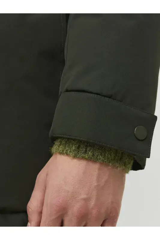 Erkak Kapüşonli Uzun Palto Haki Parka 12236096-Rosin - 5