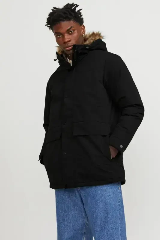 Erkak Kapüşonli Uzun Palto Qora Parka 12236096-Black - 1
