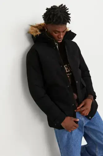 Erkak Kapüşonli Uzun Palto Qora Parka 12236096-Black - 3