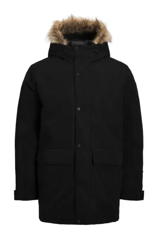 Erkak Kapüşonli Uzun Palto Qora Parka 12236096-Black - 4