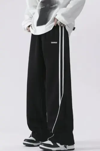 Erkak Keng Oyoqli Chiziqli Baggy Sport Shimlari - Qora - 1