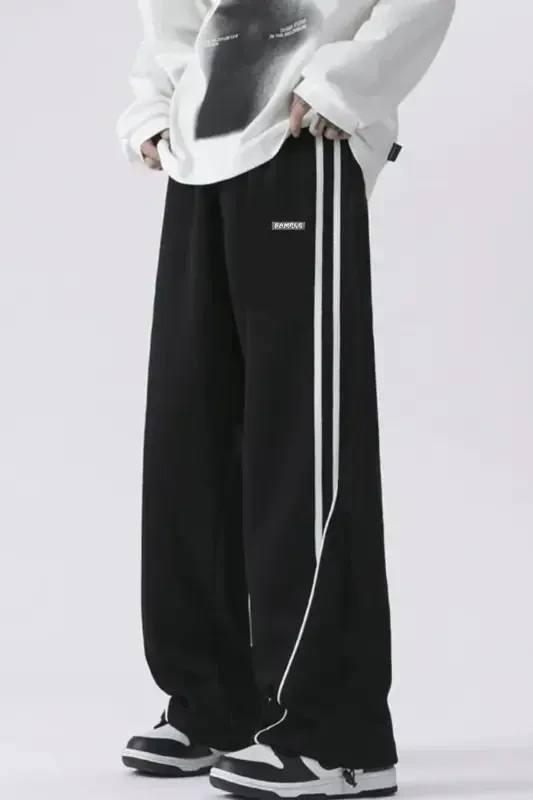 Erkak Keng Oyoqli Chiziqli Baggy Sport Shimlari - Qora - 1