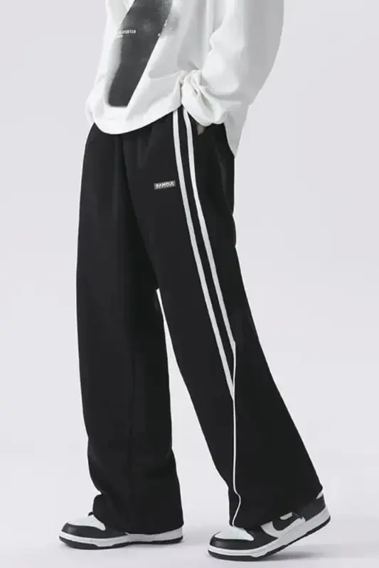 Erkak Keng Oyoqli Chiziqli Baggy Sport Shimlari - Qora - 2