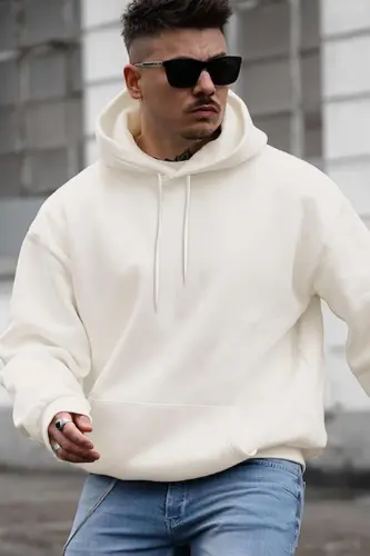 Erkak Kırıq Beyaz Krem Ekru Düz Qapüşonlu Oversize3 İplik Şardonlu Salaş Bol Kesim Hoodie Sweatshir-Ekru 