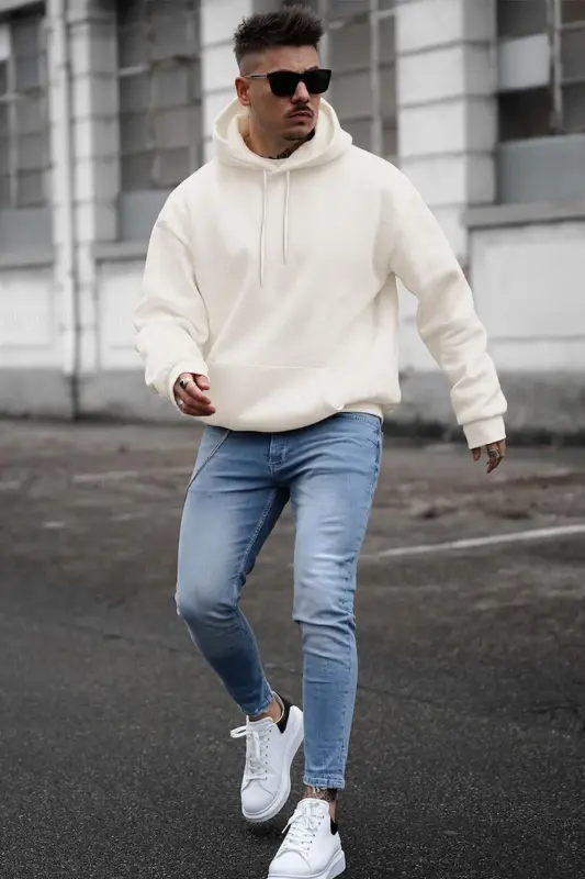 Erkak Kırıq Beyaz Krem Ekru Düz Qapüşonlu Oversize3 İplik Şardonlu Salaş Bol Kesim Hoodie Sweatshir-Ekru - 3