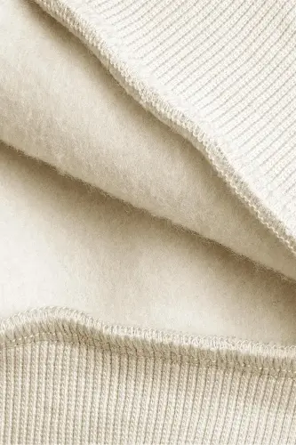 Erkak Kırıq Beyaz Krem Ekru Düz Qapüşonlu Oversize3 İplik Şardonlu Salaş Bol Kesim Hoodie Sweatshir-Ekru - 6