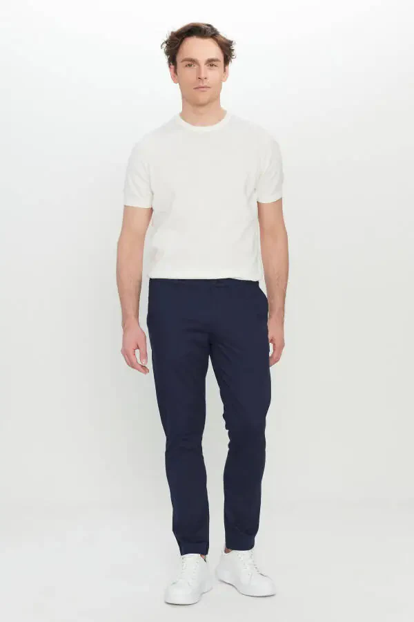 Erkak ko'k paxtalik slim fit tor kesimli yon cho'ntakli elastik kundalik shim - 2