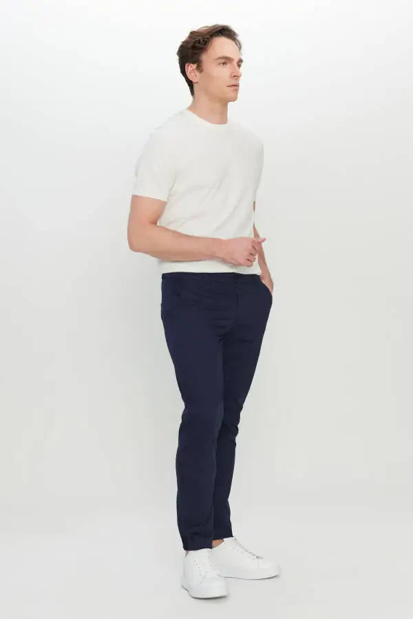 Erkak ko'k paxtalik slim fit tor kesimli yon cho'ntakli elastik kundalik shim - 3