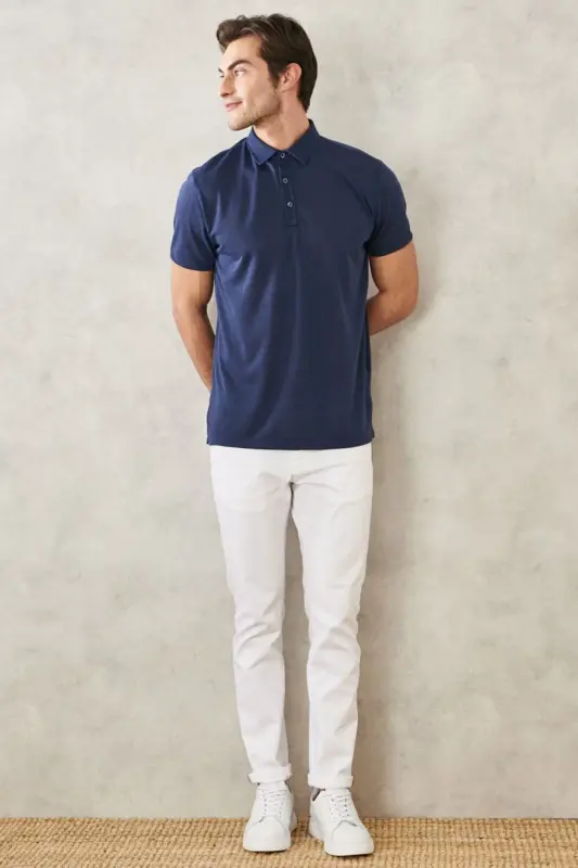 Erkak ko'k torli slim fit tor kesimli polo yoqali tekis kundalik futbolka - 7