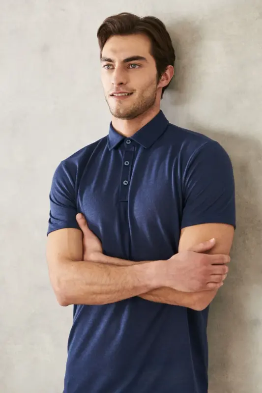Erkak ko'k torli slim fit tor kesimli polo yoqali tekis kundalik futbolka - 6
