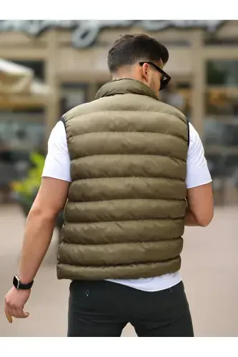 Erkak Kolsuz Fermuarli Cepli Basic Haki Shishirilgan Yelek-HAKI - 4