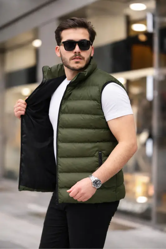 Erkak Kolsuz Fermuarli Cepli Basic Haki Shishirilgan Yelek-HAKI - 2