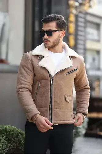 Erkak Krem Napa Teri Koʻndalang Model Kurtka-Krem - 1