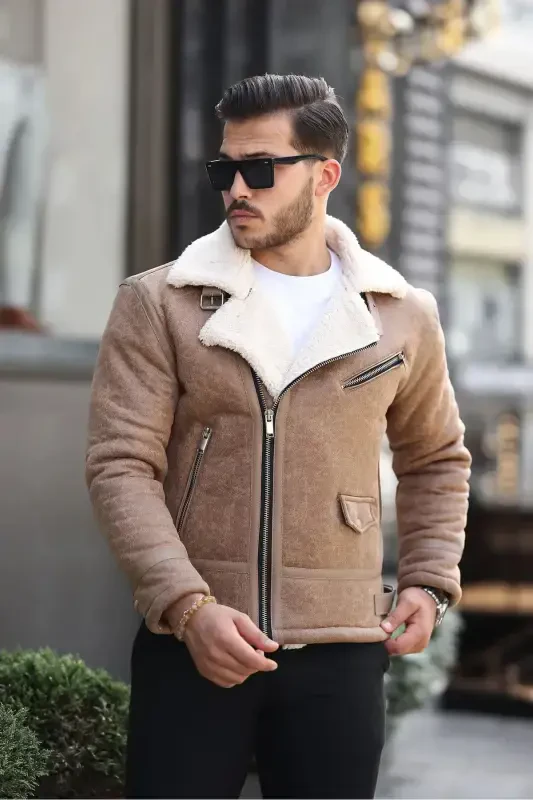 Erkak Krem Napa Teri Koʻndalang Model Kurtka-Krem - 1