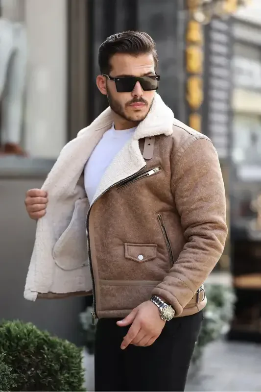 Erkak Krem Napa Teri Koʻndalang Model Kurtka-Krem - 2