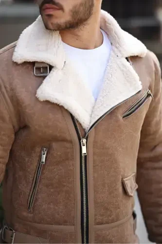 Erkak Krem Napa Teri Koʻndalang Model Kurtka-Krem - 4