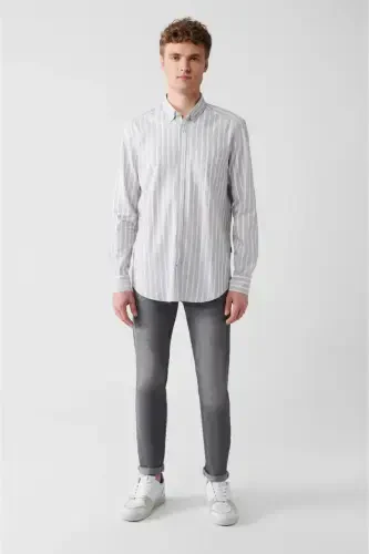 Erkak kulrang 100% paxta Oxford chiziqli ko'ylak A31y2055-Kulrang - 6