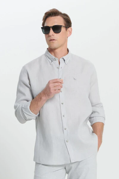 Erkak kulrang Comfort Fit qulay kesimli 100% zig'ir tugmali yoqali ko'ylak - ALTINYILDIZ CLASSICS