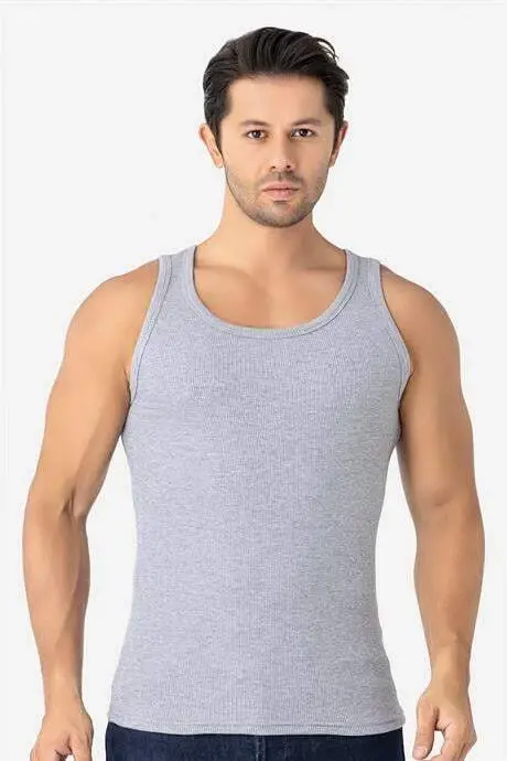 Erkak kulrang fitilli atlet paxtali likrali kaşkorse halter yaka slim fit atlet - BÜYÜKBEDENIZ