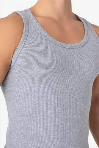 Erkak kulrang fitilli atlet paxtali likrali kaşkorse halter yaka slim fit atlet - 2