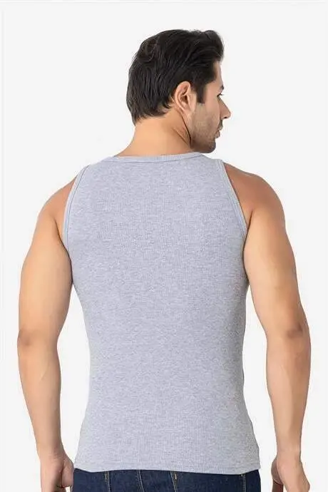 Erkak kulrang fitilli atlet paxtali likrali kaşkorse halter yaka slim fit atlet - 4