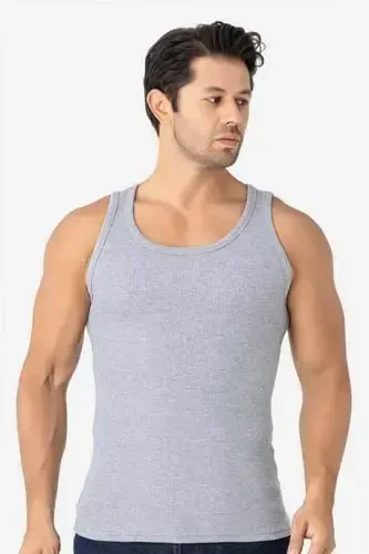 Erkak kulrang fitilli atlet paxtali likrali kaşkorse halter yaka slim fit atlet - 3