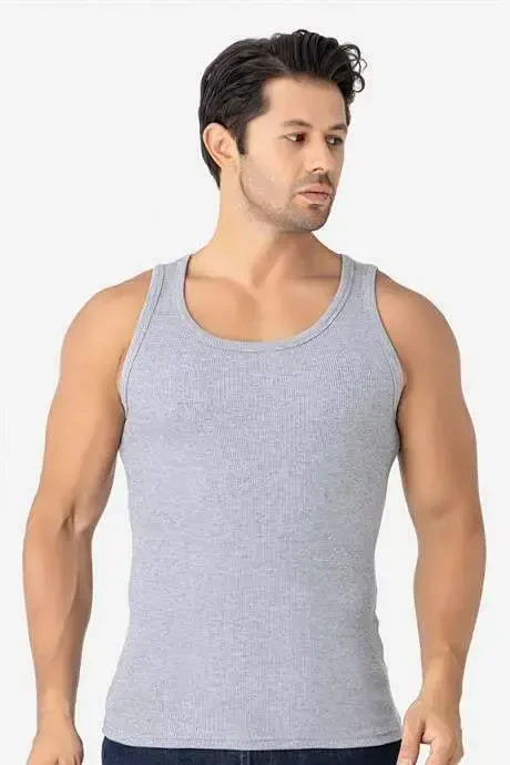 Erkak kulrang fitilli atlet paxtali likrali kaşkorse halter yaka slim fit atlet - 3
