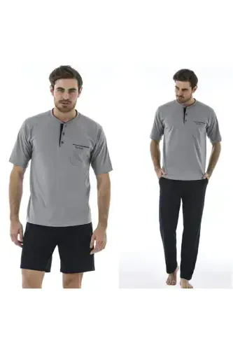 Erkak kulrang kuyovlik sep 3li penye pijama to'plami-Kulrang - 1