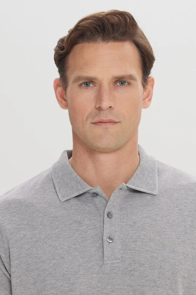 Erkak kulrang melanj 100% paxta buruşmaydigan pike polo yoqali slim fit tor kesimli futbolka - 4