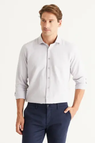 Erkak kulrang oson dazmollanadigan slim fit tor kesimli italyan yoqali armür ko'ylak - kulrang - 3