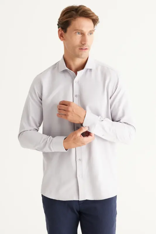 Erkak kulrang oson dazmollanadigan slim fit tor kesimli italyan yoqali armür ko'ylak - kulrang - 5