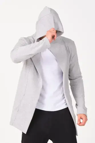Erkak kulrang regular fit kapüşonli uzun poncho kardigan-kulrang - THE RULE (1)