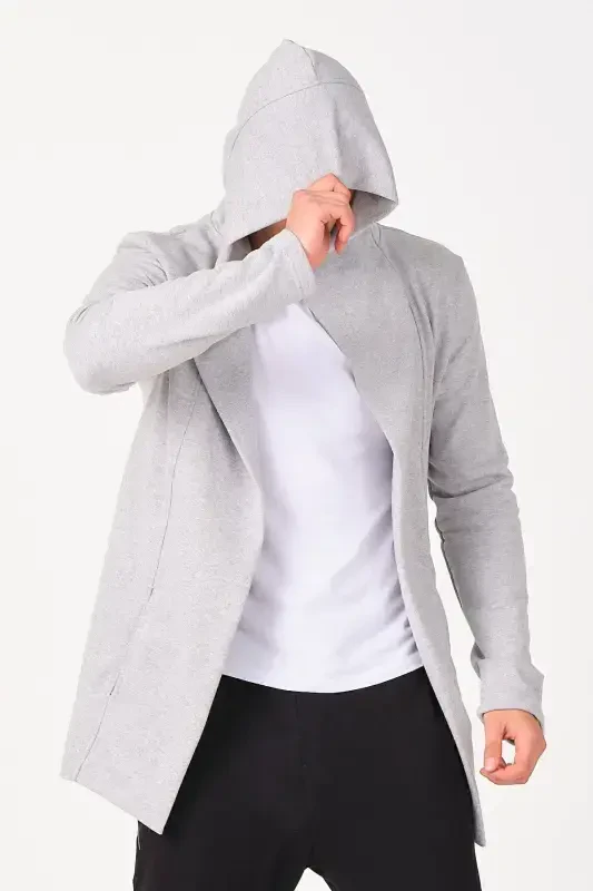 Erkak kulrang regular fit kapüşonli uzun poncho kardigan-kulrang - 2