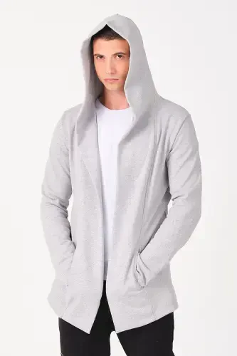 Erkak kulrang regular fit kapüşonli uzun poncho kardigan-kulrang - 3