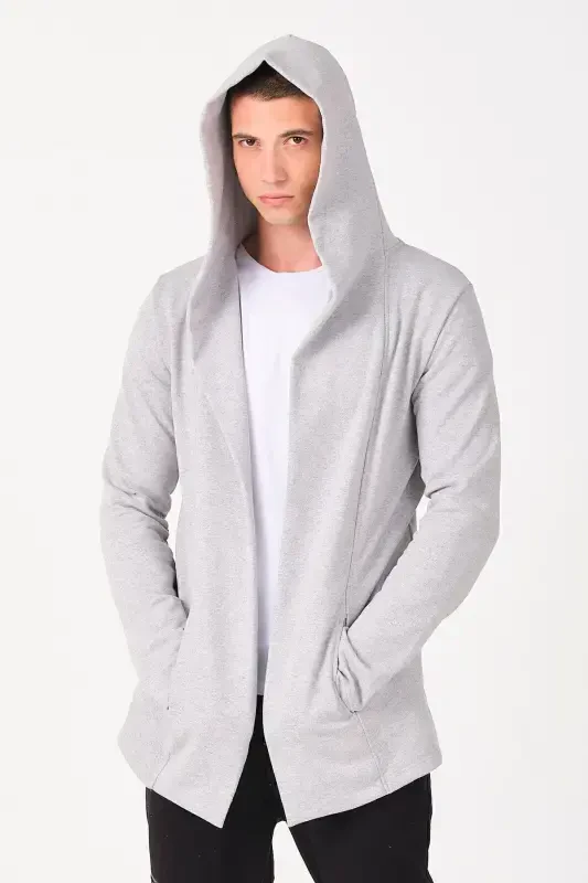 Erkak kulrang regular fit kapüşonli uzun poncho kardigan-kulrang - 3
