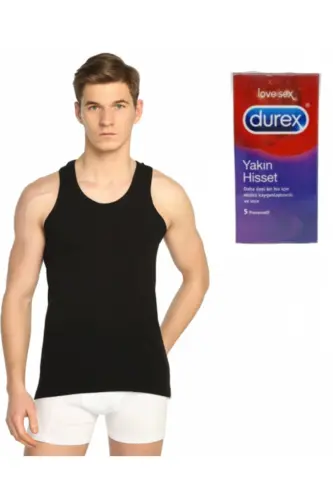 Erkak kulrang ribana likrali atlet 3'li paket Durex prezervativ-QORA APELSIN 