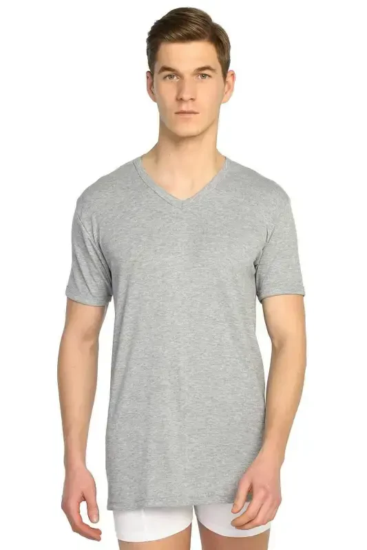 Erkak kulrang ribana V yoqali futbolka 3 dona to'plam - Kulrang - TUTKU