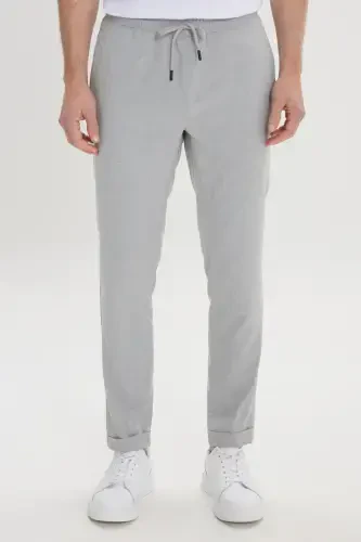 Erkak Kulrang Slim Fit Qulay Kesimli Beli Bog'lamali Yon Cho'ntakli Jogger Shim - Kulrang - 1