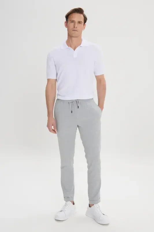 Erkak Kulrang Slim Fit Qulay Kesimli Beli Bog'lamali Yon Cho'ntakli Jogger Shim - Kulrang - 3