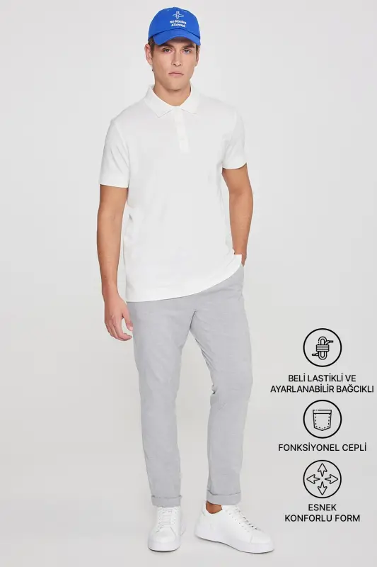 Erkak Kulrang Slim Fit Qulay Kesimli Beli Bog'lamali Yon Cho'ntakli Jogger Shim - Kulrang - 3